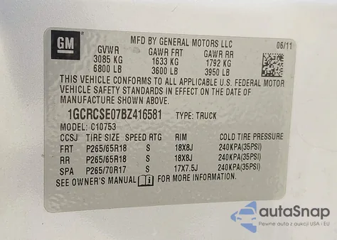 2011 Chevrolet Silverado 1500 Lt из США, поврежденный, VIN 1GCRCSE07BZ416581